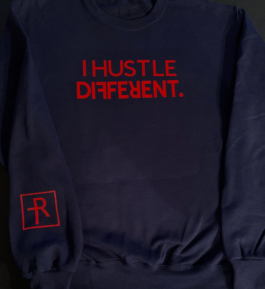 Navy Blue With Red “Hustle Different” Crewneck Sweater