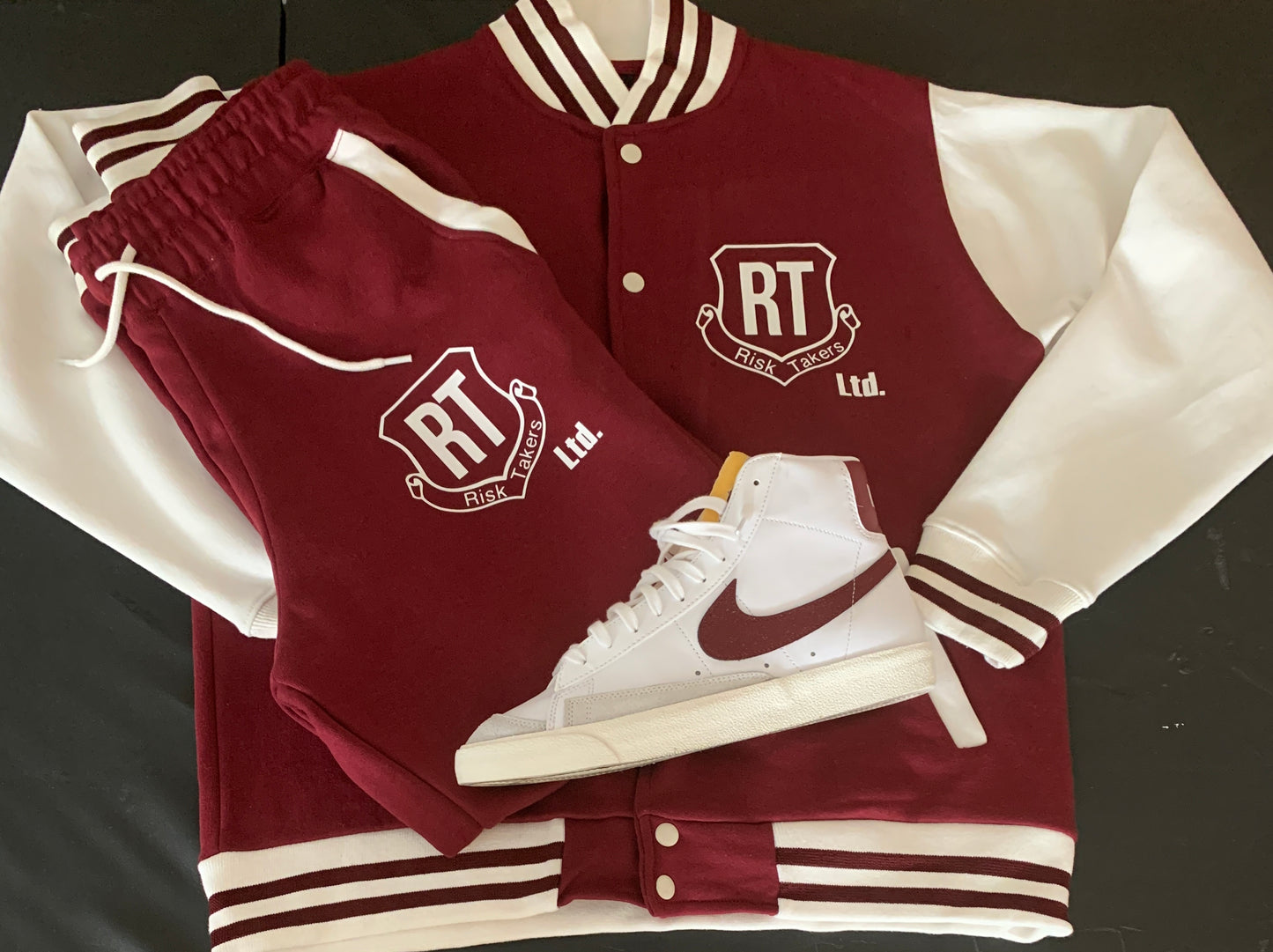 Burgundy With White Unisex Varsity Sweatsuit