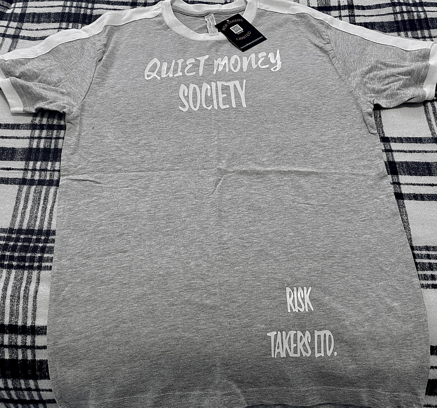 Grey With White QMS Unisex Ringer Tee