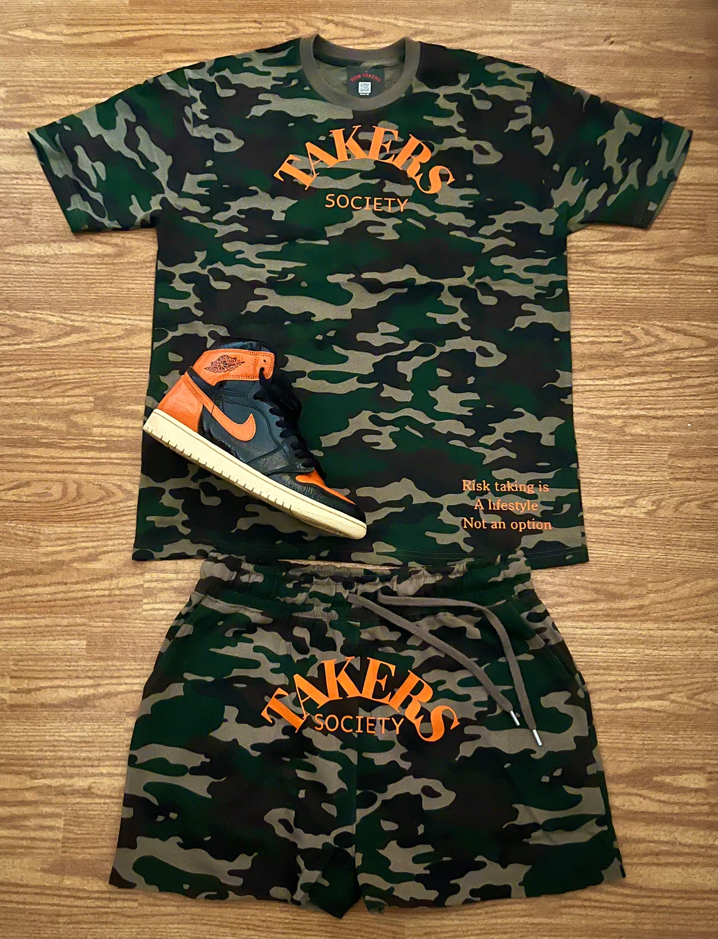 Camouflage With Orange Unisex Takers Society Sweat Short Set