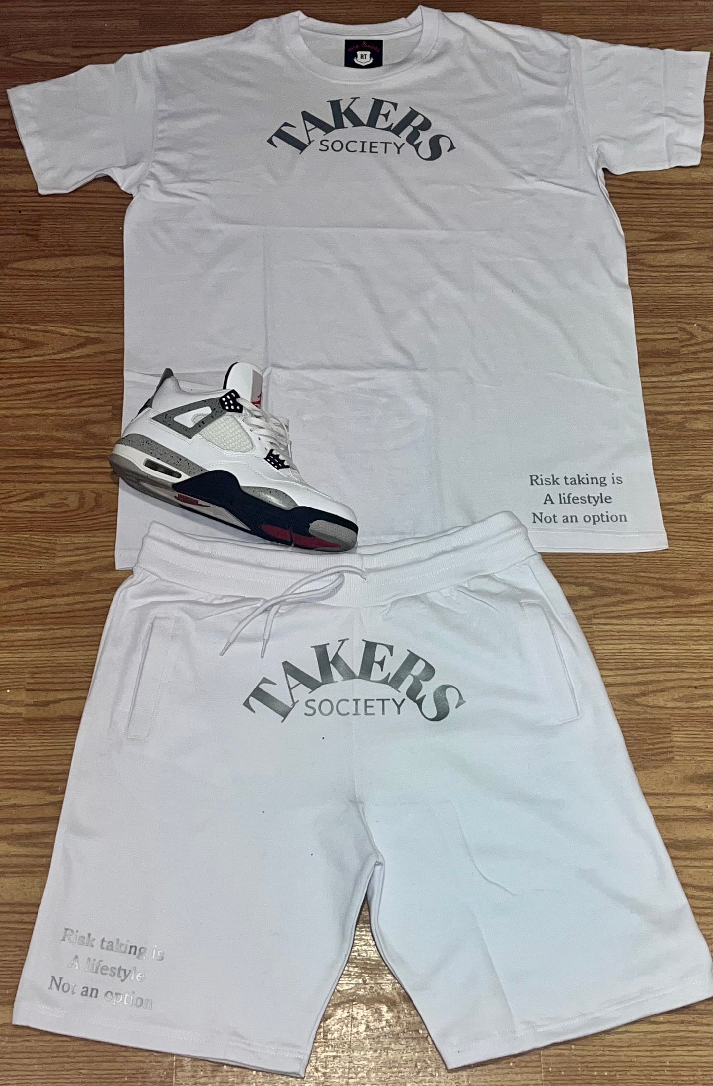 White With Grey Unisex Takers Society Short Set