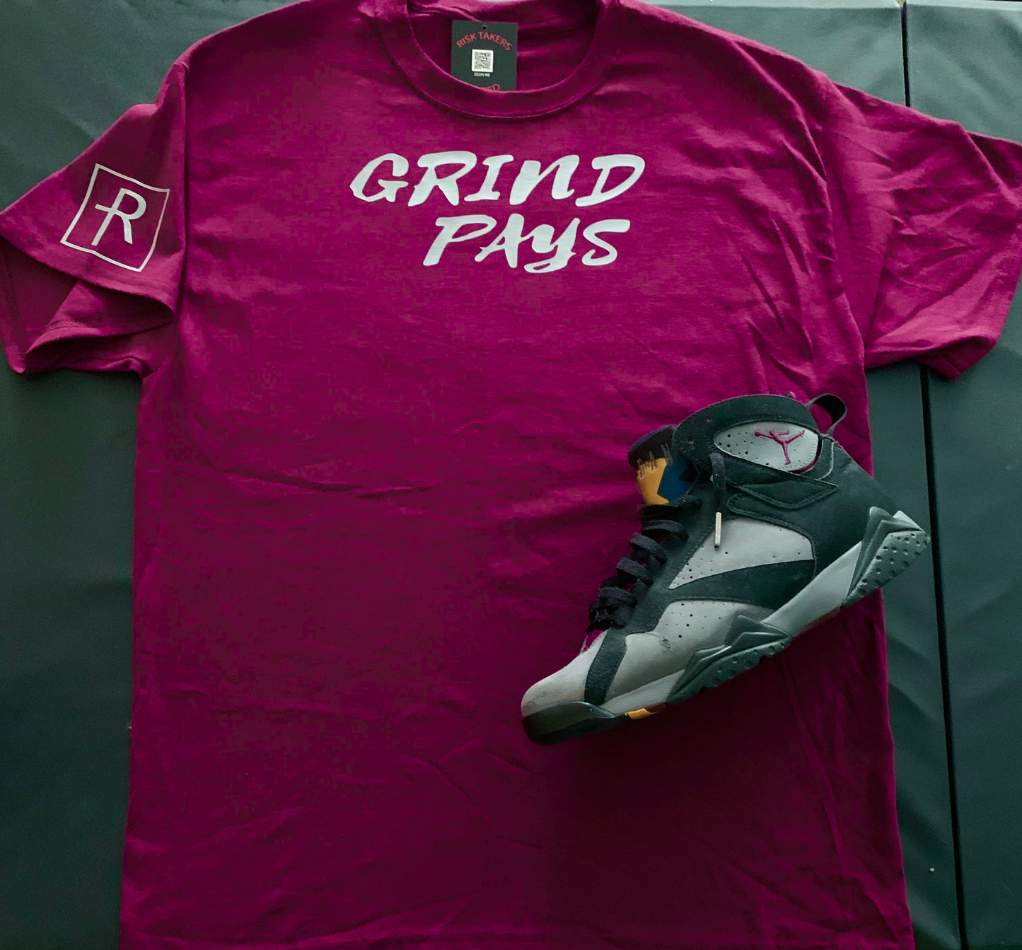 Burgundy With Grey GRIND PAYS Unisex Tee