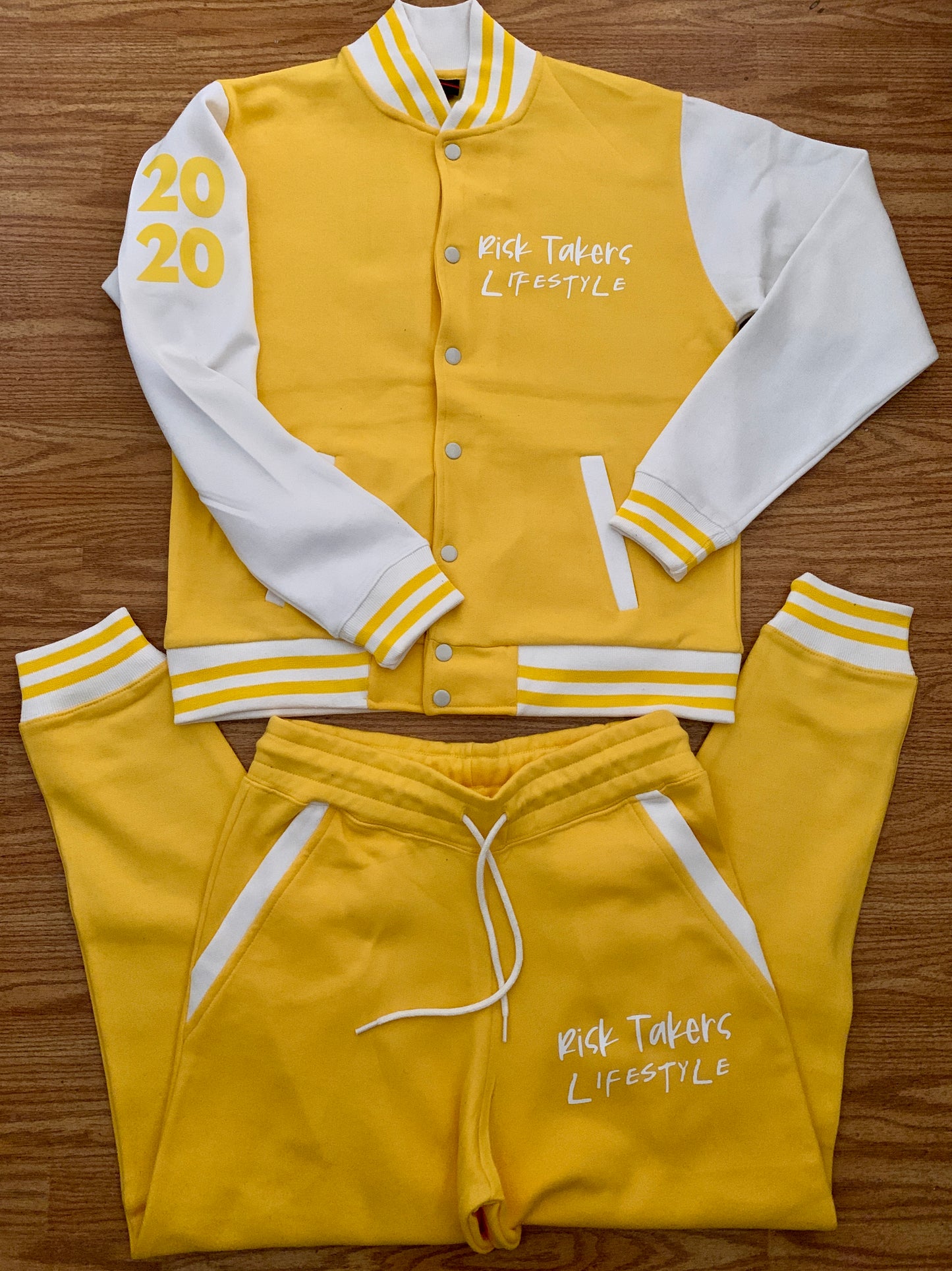 Yellow With White Risk Takers Lifestyle “Established 2020” Unisex Varsity Sweatsuit