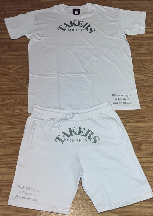 White With Grey Unisex Takers Society Short Set