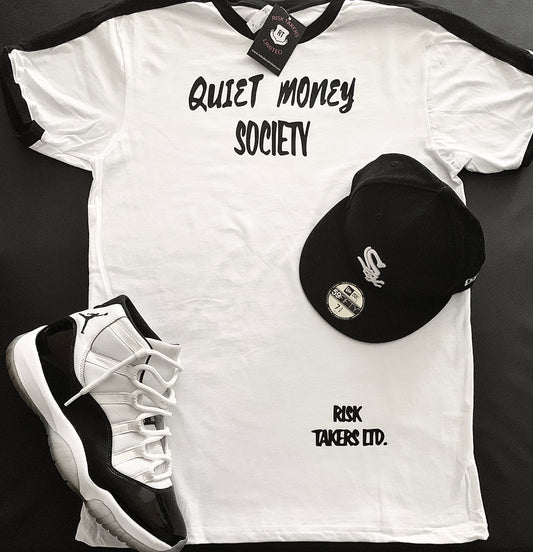 White With Black QMS Unisex Ringer Tee