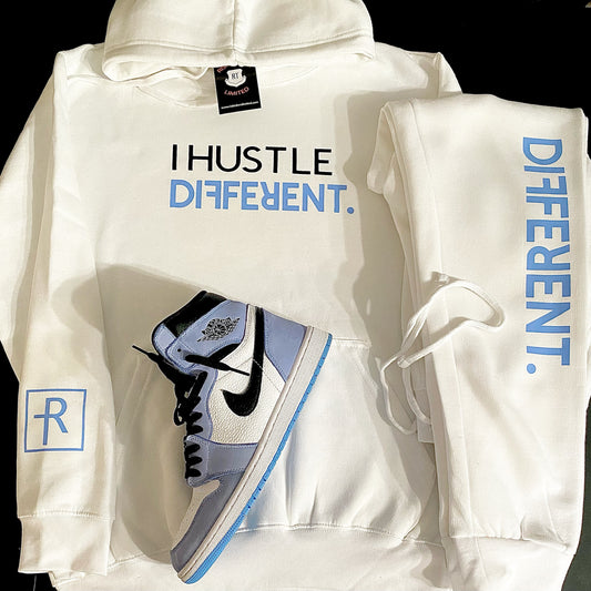 White With Carolina Blue And Black “I Hustle Different” Sweatsuit