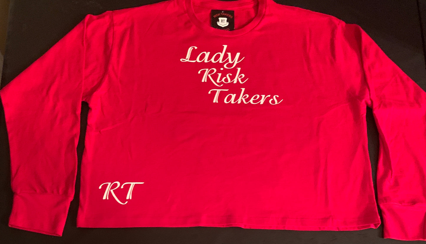 Womens Cropped Red With White Long Sleeve Tee